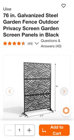 Brand New Uixe Black 76 in. Galvanized Steel Privacy Screen Garden Fence Panel Leaf Pattern - New in Box