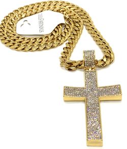 Necklace Stainless Steel 18K Gold Plated Cross With Cubic Zirconia, Width 9MM Size Length 24