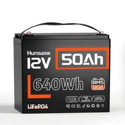 HumsiENK 12V 50Ah LiFePO4 Battery, Small Size Lithium Battery with BMS, Low Temp Protection, Rechargeable 6000-20000 Deep Cycles & 10-Year Lifetime, P
