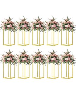 10 Pcs 15.75inch Gold Wedding Flower Vase Metal Column Flower Stand, Geometric Centerpieces Vase for Table, Home Party Wedding Decorations