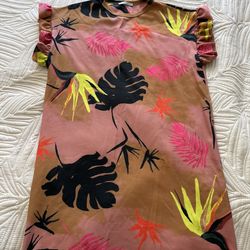 ZARA Tropical Print Dress Womens M Pink Brown Ruffle Sleeve Shift