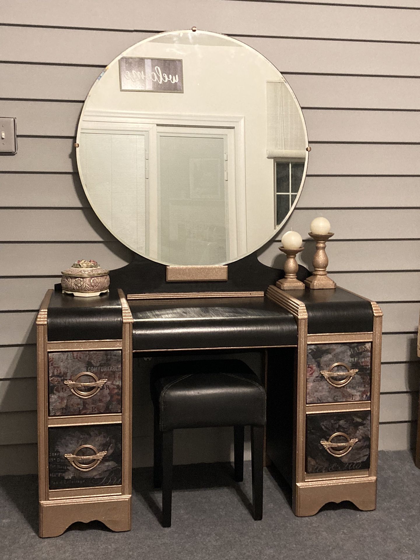 Refinished 1930’s Waterfall Vanity With Mirror And Stool