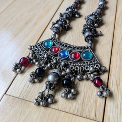 Bohemian Antiqued Silver & Gemstones Necklace. Intricate Handmade Vintage Royal Collection. 12" L x 4"W. One-of-a-Kind Elegance.

This beautiful neckl