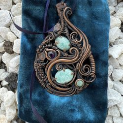 Amazonite & Turquoise Copper Wire Wrapped Pendant: Handmade Necklace Spiritual Vibes Energy Handmade Jewelry Gift for Her 