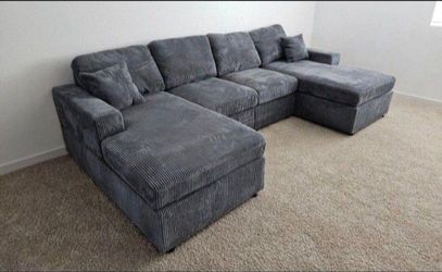 Dark grey corduroy U shape sectional sofa , double chaise