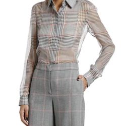 NWT Giorgio Armani Plaid Chiffon Button Front Classic Blouse