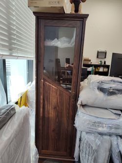 Tall Dark Wood Display Cabinet with Glass Door