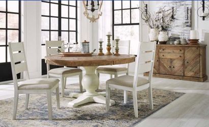 Elegant Farmhouse Round Wood Table and new soft contemporary plush chairs