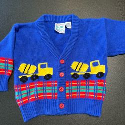 Vintage baby cardigan mixer truck plaid knit blue unique size 18 months