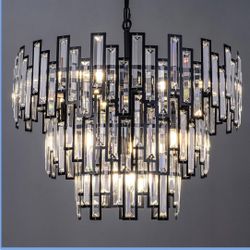 New 24” W Black Crystal Light Fixture, 9 Light 3 Tiers Luxury Round Chandelier Adjustable Height 