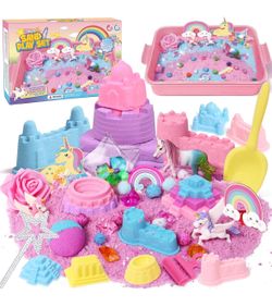 Brand New~  Unicorn Sensory Bin for Girl Kid Toy, Play Sand Art Kit 108pcs with Sandbox, 2lb Color Sand, 6 Castle Molds, Unicorn Tactile Sensory Toy C