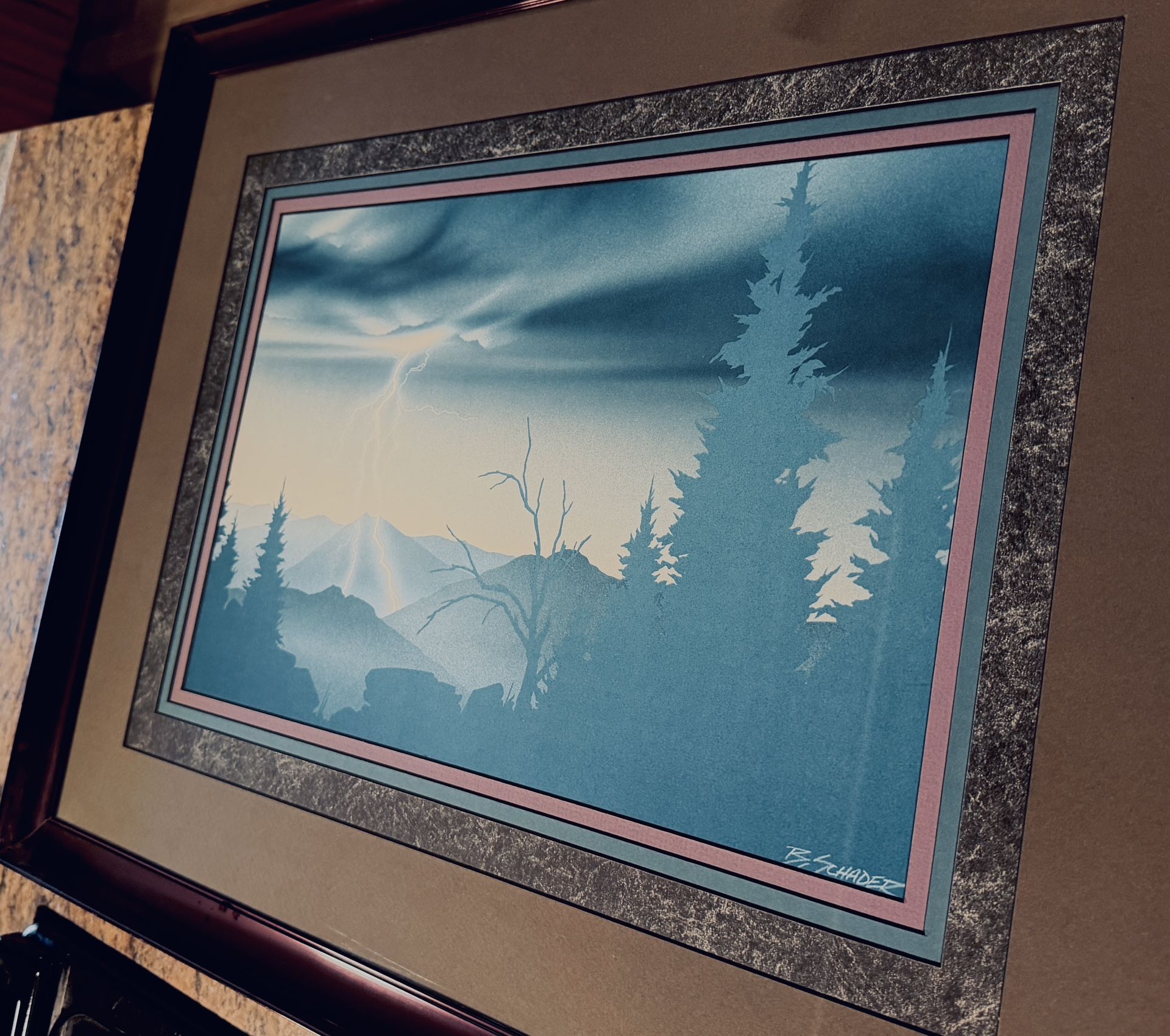 B Schader Mountains, Trees at Night w/ Lightening Lithograph signed & Numbered
