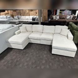Ivory corduroy double chaise sectional sofa 