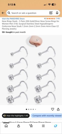 PANSYIRIS 10pc Silver Nose Ring Studs 20G CZ Surgical Steel NEW