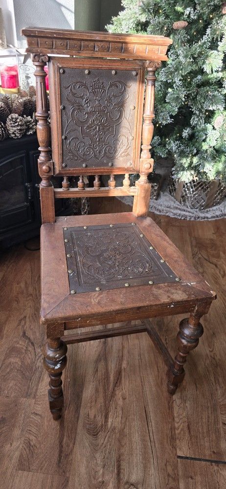 Antique 1890s French Henri II Style?? Embossed Leather Chair