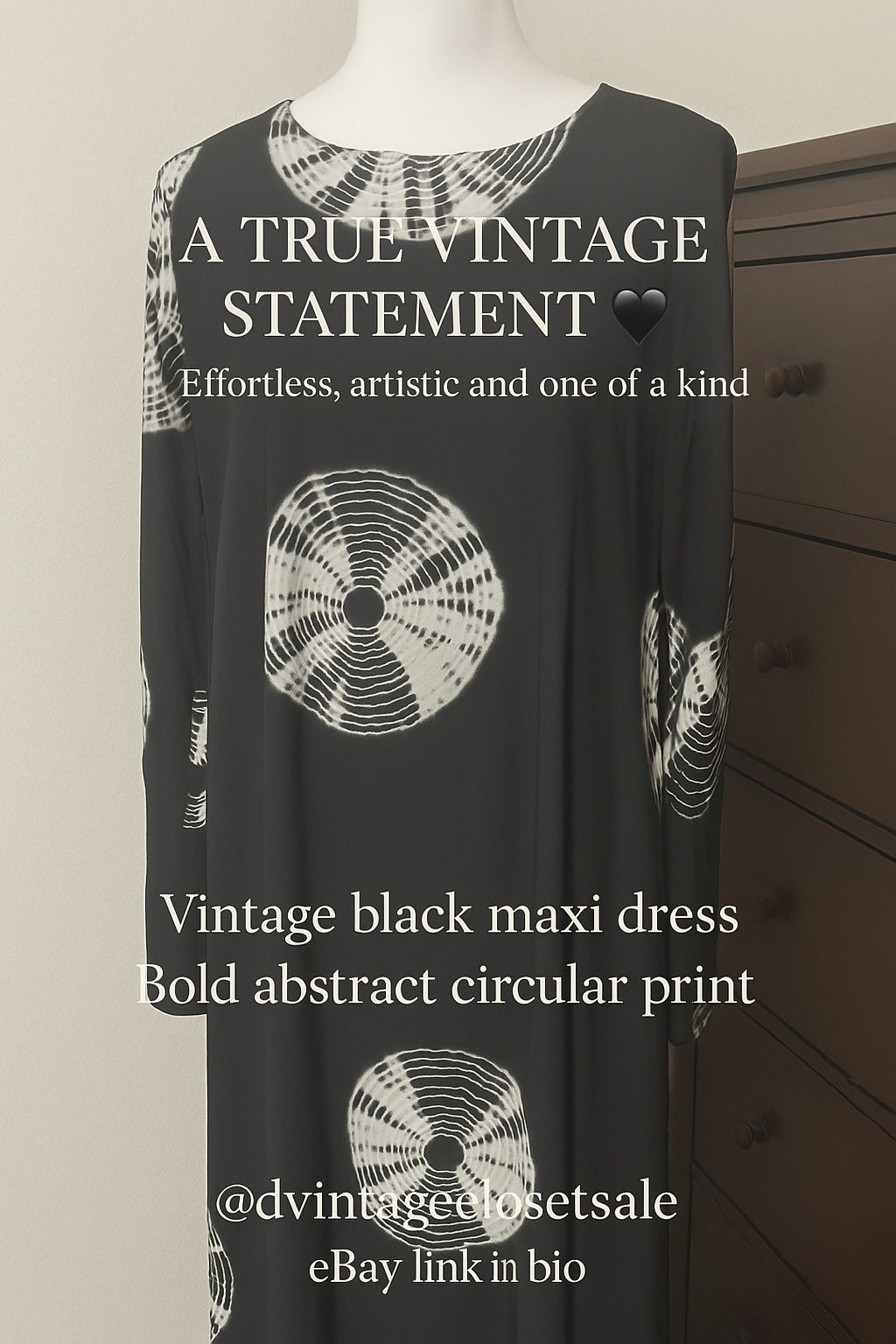 Vintage Black Maxi Dress with Abstract Print