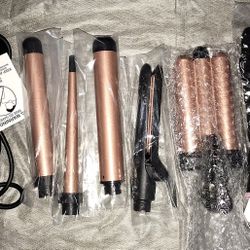 5-in-1 Curling Iron Set - 3 Barrels, Crimper, Flat Iron, Ceramic, 2 Temps, Dual-Voltage, + Glove 