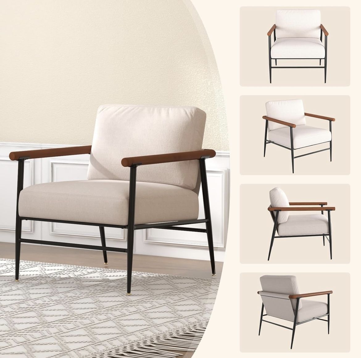 Accent Chair Mid Century Modern Chair Linen Fabric Living Room Lounge ...