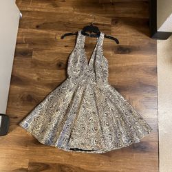 Brand New Woman’s Bebe brand Black and Gold Deep V Jacquard Fit +Flare Dress Up For Sale 