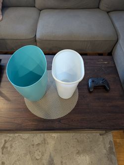 Two Plastic Waste Bins (White And Teal)