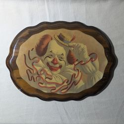 Vintage Oval Wood Plaque Circus Clown Multicolor Illustrated Home Decor
