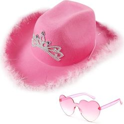 Pink Cowgirl Hat With heart shaped Glasses