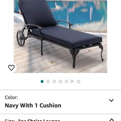 Lounge Chairs for Outside, Chaise Lounges Outdoor Pool Chair Cast Aluminum Patio Reclining Furniture Tanning with Navy Cushion 1Pack