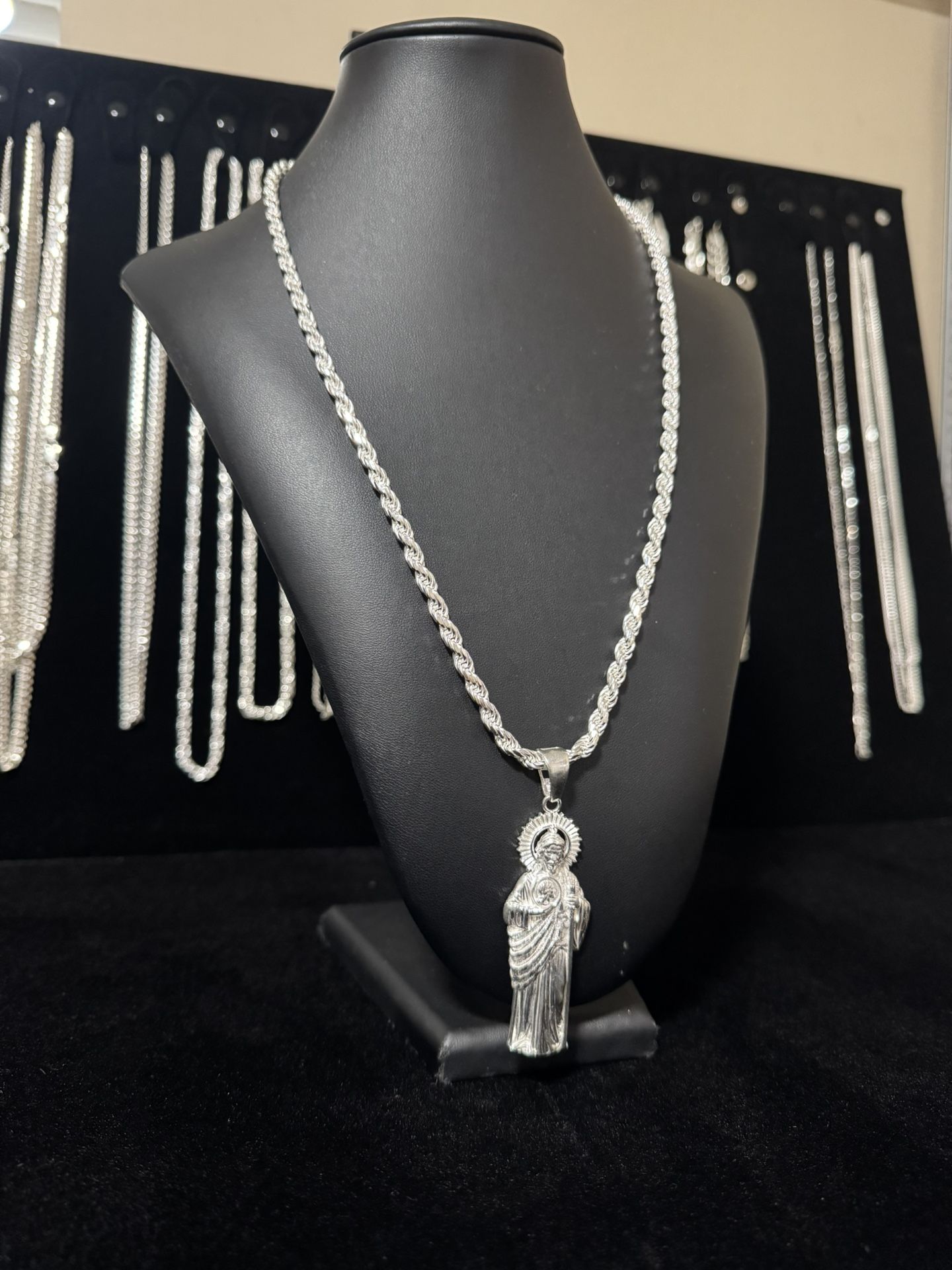 925 Italian Silver Rope Chain With San Judas Pendant