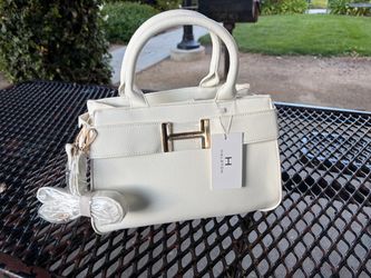 Halston White Leather Handbag with Gold Hardware