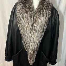 Genuine Leather Coat With Fox Fur Collar