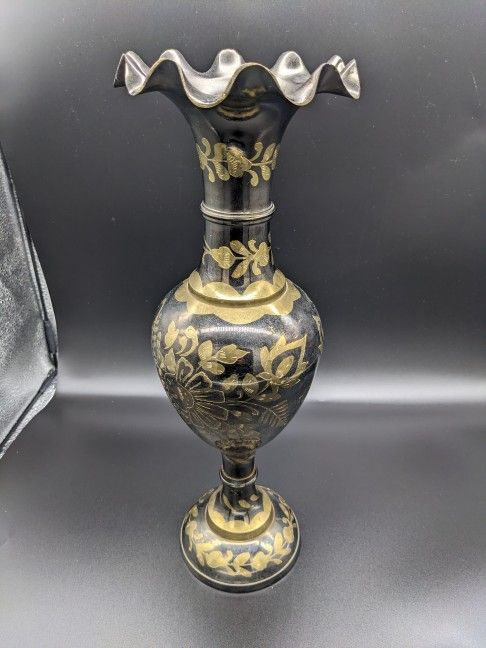 Vintage Brass Etched Vase 16.5" Tall Made In India