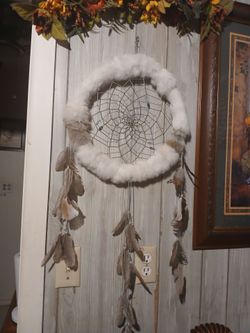 Large White Authentic Native American Lokota Spirit Handcrafted fur & feather DreamCatcher