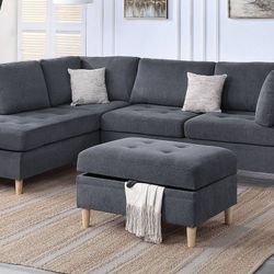 Brand New Grey Sectional Sofa w Storage Ottoman 
