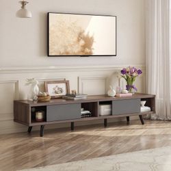 70 inch Mid Century Modern TV Stand for 75 inch TV, Low Profile TV Stand with Storage, Entertainment Center for Living Room, Cord Management, Walnut