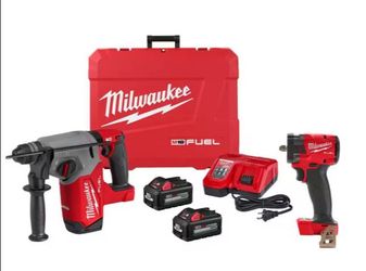M18 FUEL 18V Lith-Ion Brushless 1in&3/8in Kit Rotary Hammer/Impact Wrench+batteries/charger