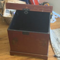 Antique Chinese Trunk W/ Hydraulic Lid, Hand Painted Red Lacquer
