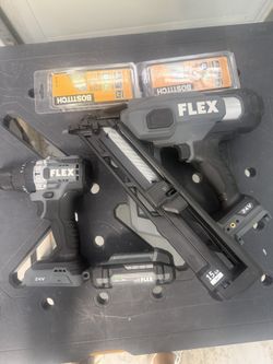 Flex 15 ga finish nailer hammer drill battery and nails