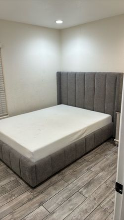 Gray Upholstered Bed Frame with Headboard