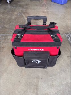 14 in. Zipper Top Rolling Water Resistant Tool Tote Bag, Telescoping Handle Red