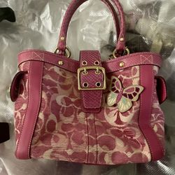 Coach Signature C Chenille Python Pink Butterfly Tote Bag Vintage