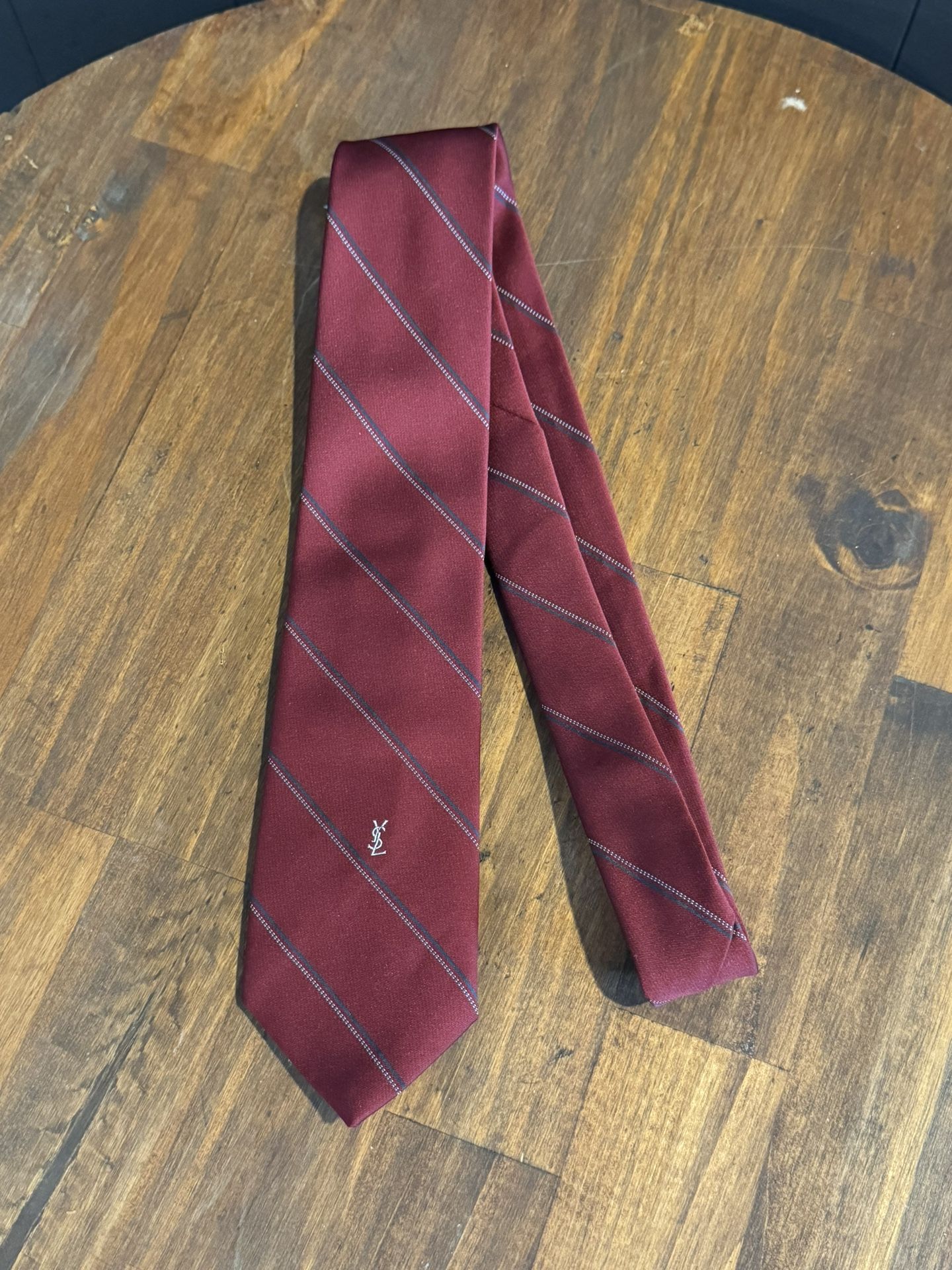 YSL Yves Saint Laurent Silk Tie - Burgundy with Diagonal Stripes