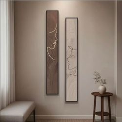 Set of 2 Abstract Line Art Framed Prints Real Wood Frame 56 x 8 Brown