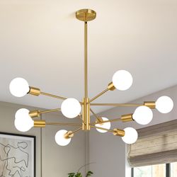 Modern Sputnik Chandeliers Light, 10-Light Gold Gold Dining Room Chandelier Over Table, Height Adjustable Industrial Semi Flush Mount Mid Century Chan