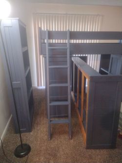 *Must Sell* Good real wood quality Dark Blue Children's twin Bunk bed set with 6 drawer dresser and bookshelf