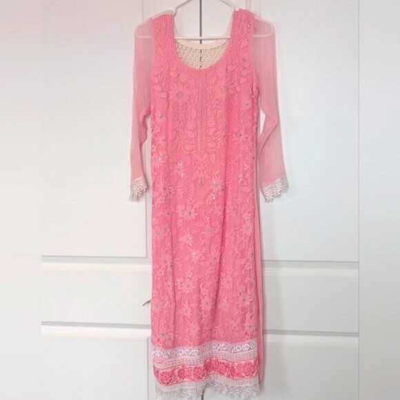 Pink Floral Indian Suit with Lace &amp; Sheer Sleeves- XS New 