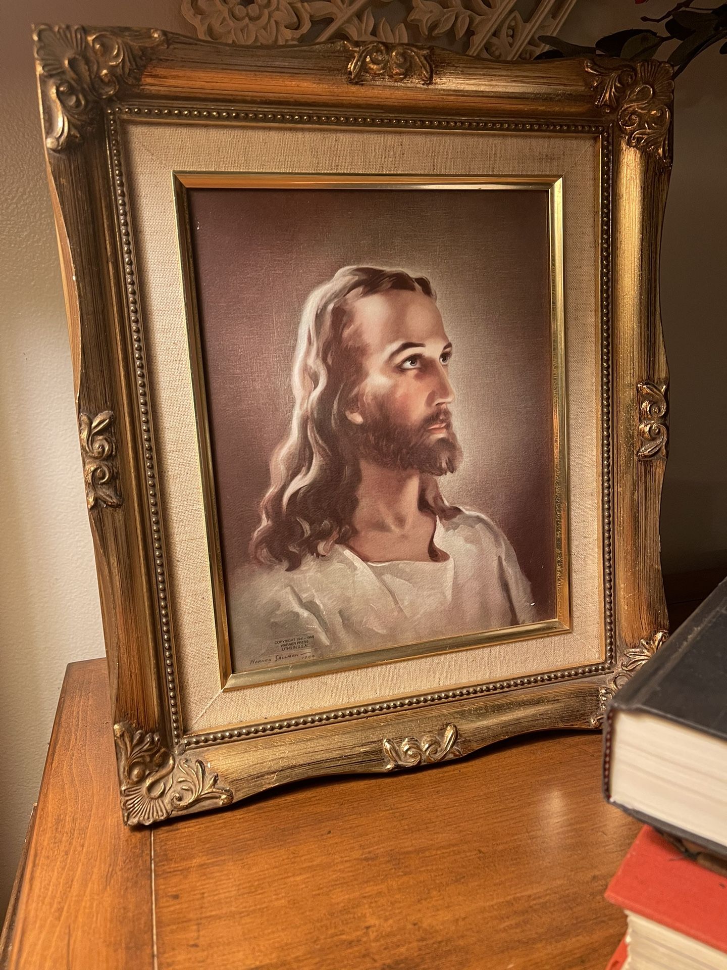 Vintage Jesus Litho Print W.E. Sallman Head Of Christ 1941 Gold Tone Framed