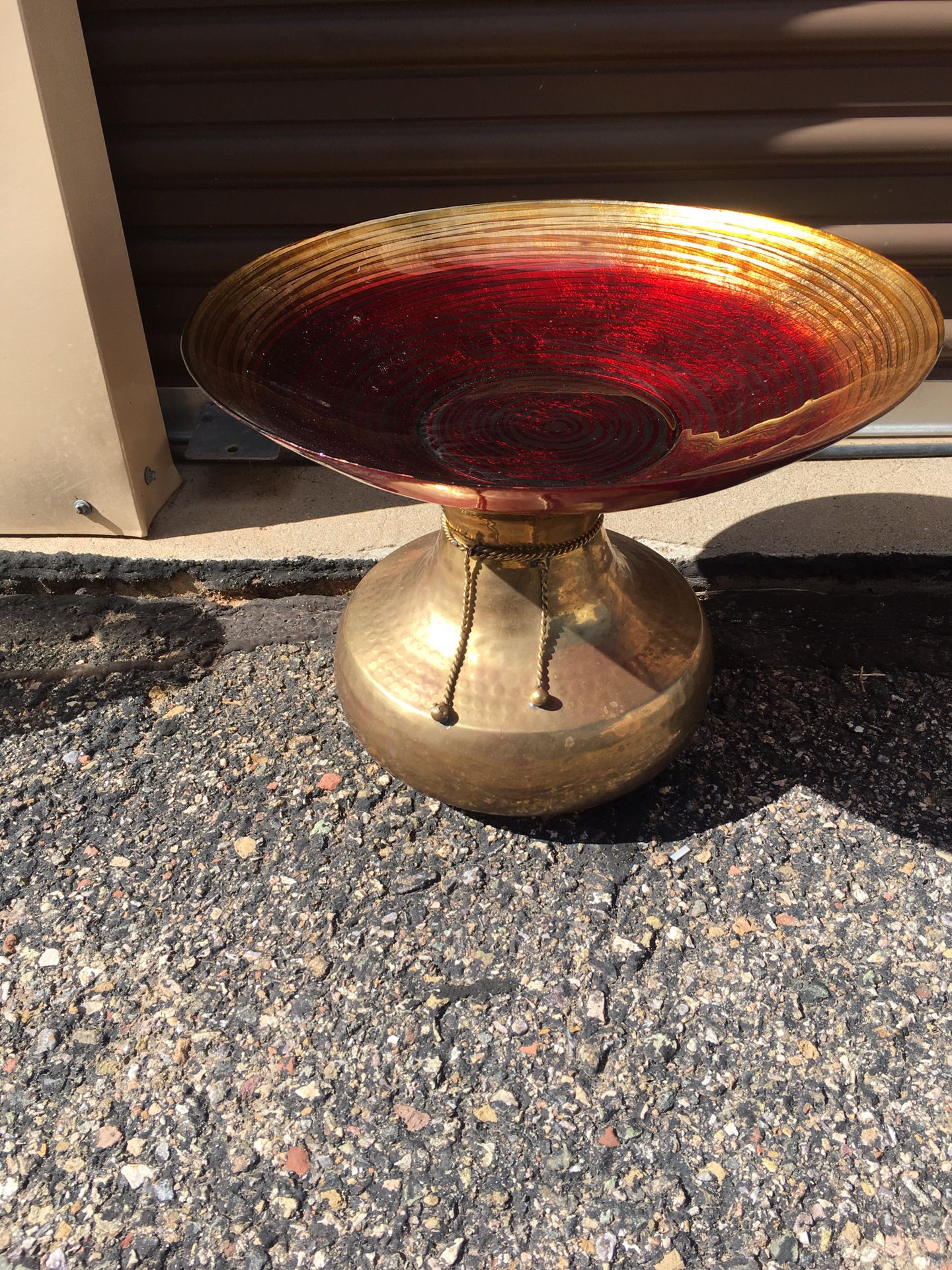 Bird Bath or hummingbird Feeder. Red and gold glass dish with copper base