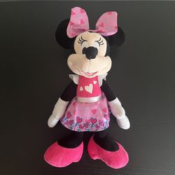 Disney Minnie Mouse Plush Doll Pink Hearts Dress Bow Valentines Just Play 10in