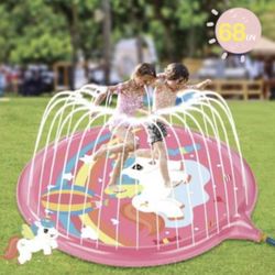 68” Splash Play Mat for Girls, Sprinkler Pad for Kids Toddlers Backyard Outdoor Play-Unicorn, Pink