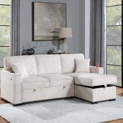 Brand New Beige Corduroy Sectional Sofa Storage Sleeper 